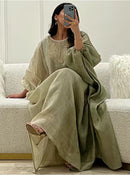 KTX-7982841528536 Tassel Lantern Sleeve Round Neck Linen Kaftan Dress