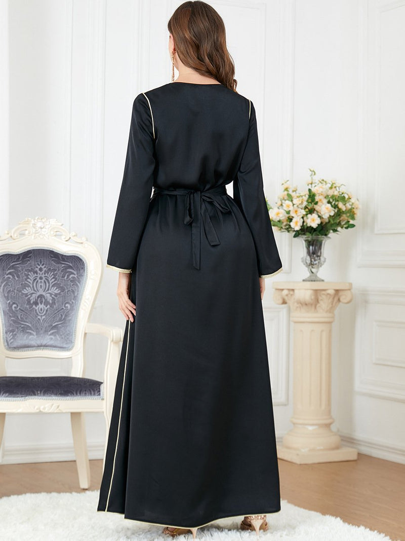 Gold Flowers Bind Design Split Long Sleeve Elegant Gown