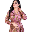 Satin Golden Print Lapel Design Long Sleeve Party Dress