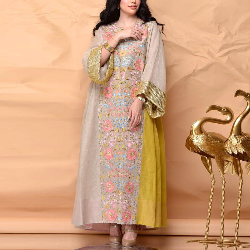 KTX-7981931069656 breathable spring women long sleeve pattern kaftan with floral striped dress