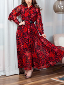 KTX-7982841561304 Floral Print Belted Long Sleeve Tie Neck Kaftan Dress