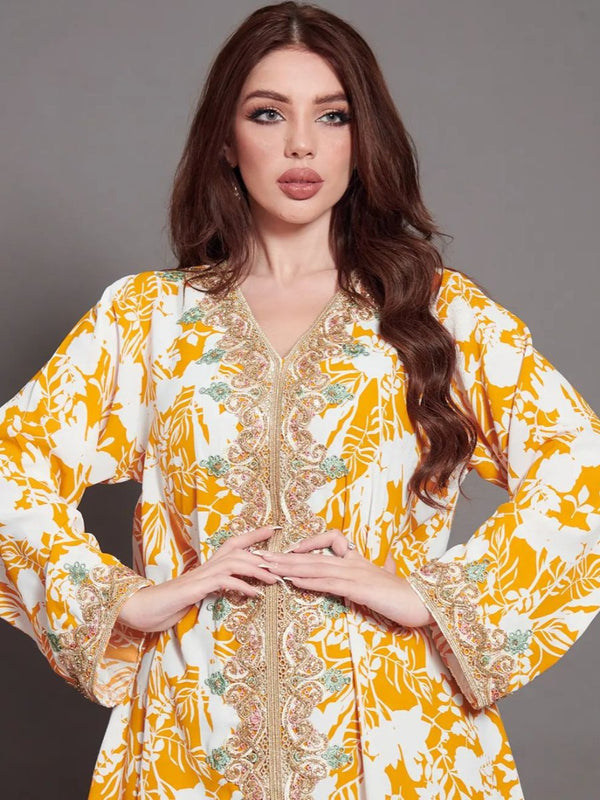 Vintage Print V Neck Long Sleeve Lady Abaya