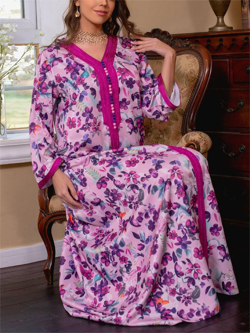 KTX-7982837825752 Elegant Floral Print V-Neck Kaftan