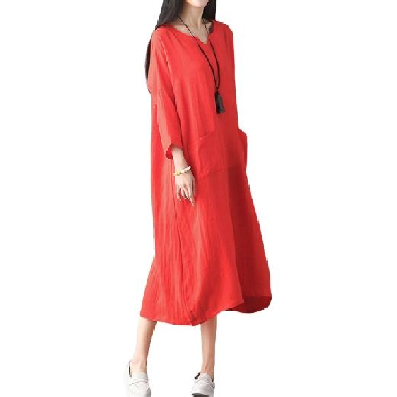 Oversized Women Retro Dress Casual Loose Long Dress Pockets Solid Plus Size Dress Black/Red