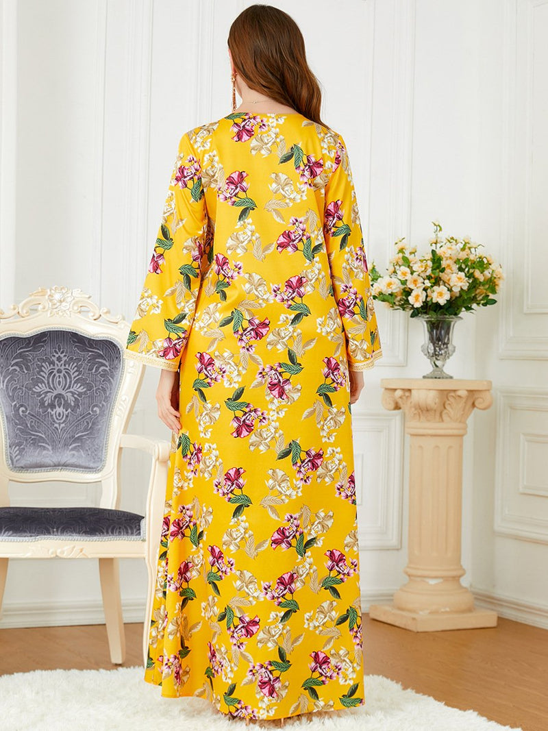 Flowers Pattern V Neck Long Sleeve Loose Elegant Gown