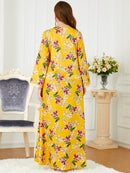 Flowers Pattern V Neck Long Sleeve Loose Elegant Gown