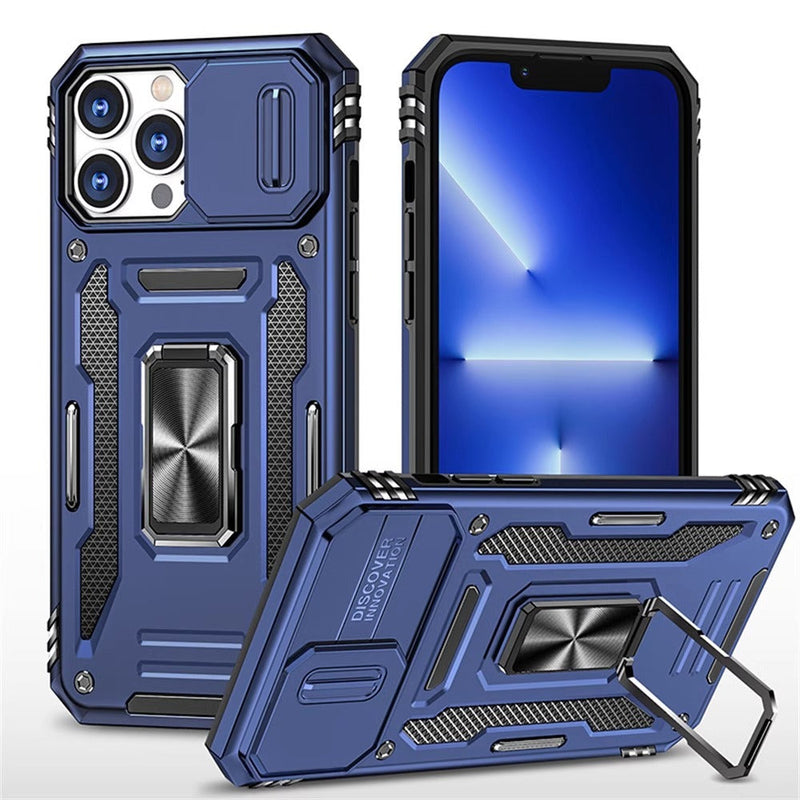 ABD-042510 Apple iPhone Case: Compatible with iPhone 11-15 Pro Max, Lens Cover, Finger Ring, Sliding & Push/Pull Closure, Military-Grade Protection