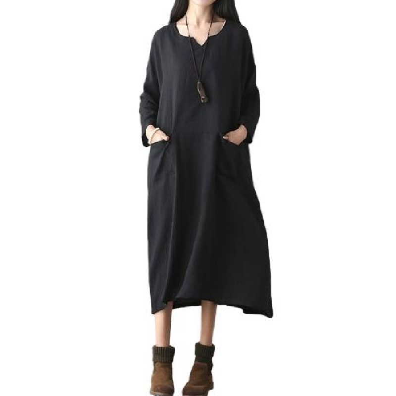 Oversized Women Retro Dress Casual Loose Long Dress Pockets Solid Plus Size Dress Black/Red