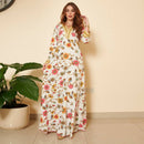 KTX-7982838382808 Flowers Printed V Neck Long Sleeve Elegant Lady Dress