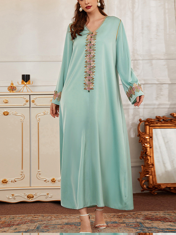 KTX-7982838317272 Satin Embroidered Rhinestone Long Sleeve V Neck Dress