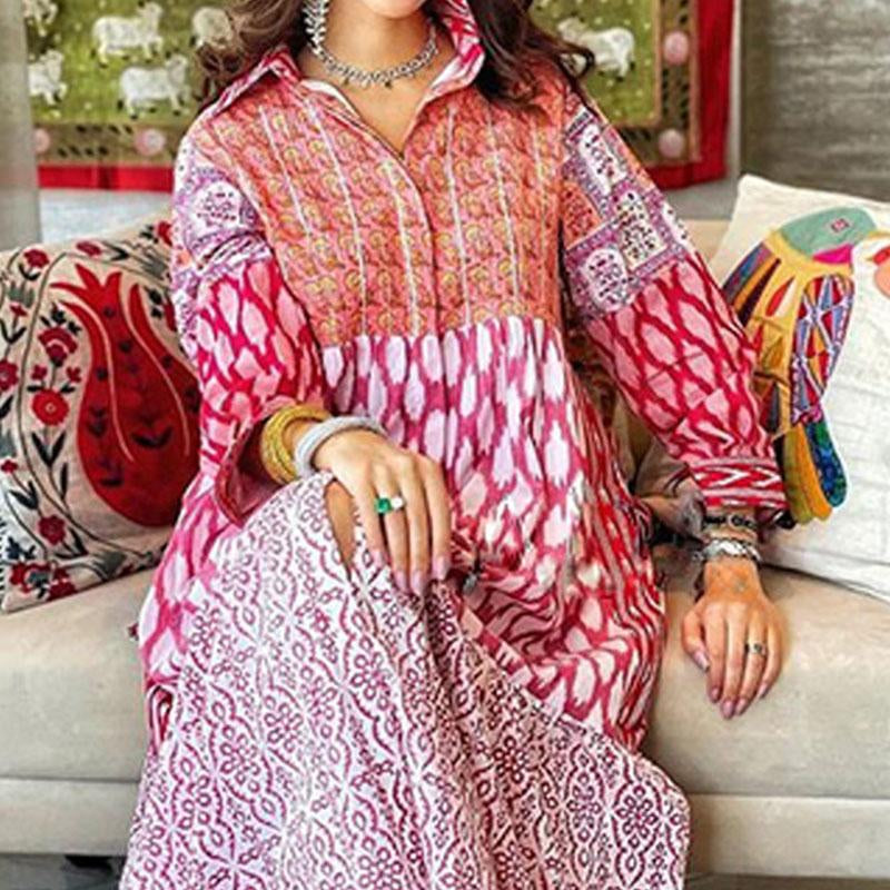 KTX-7982700134616 Lapel pink and rose printed maxi kaftan dress