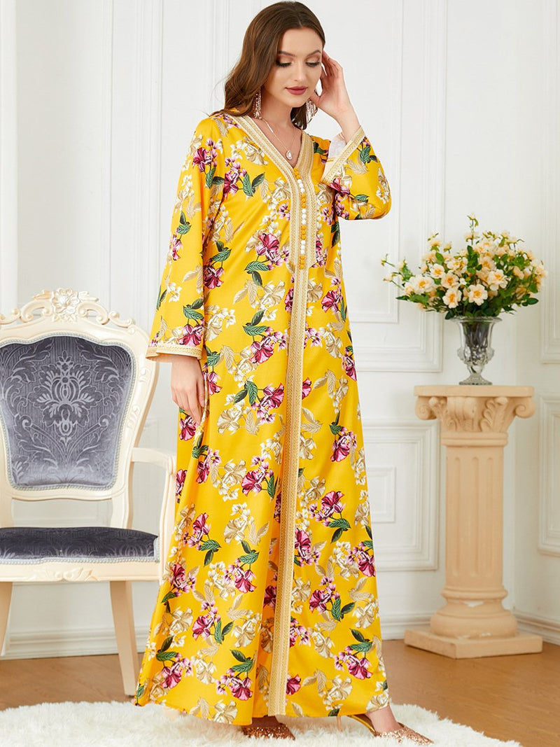 Flowers Pattern V Neck Long Sleeve Loose Elegant Gown