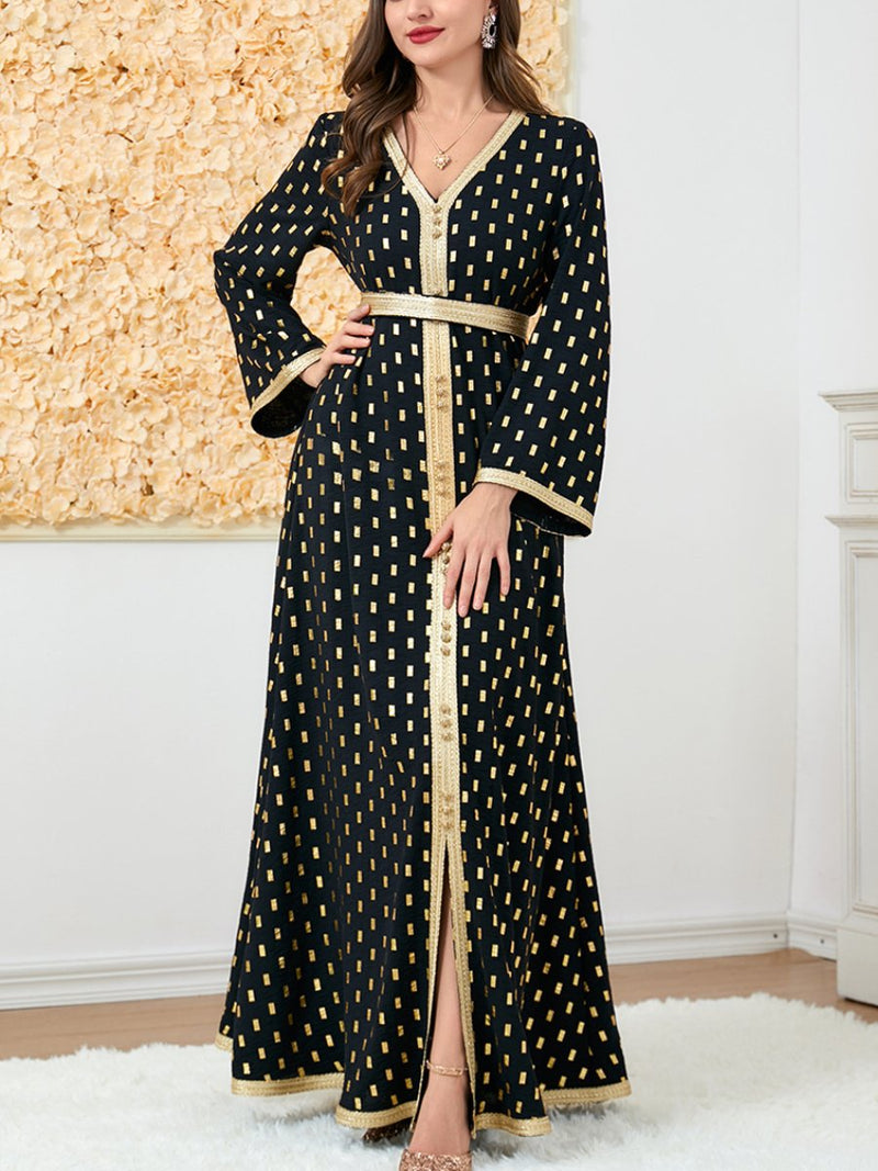 KTX-7982836711640 Golden Print V Neck Long Sleeve Belt Design Dress