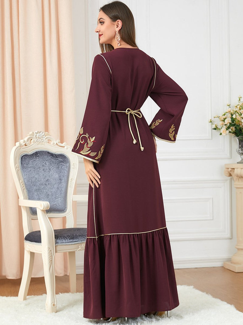 KTX-7982837563608 Fishtail Hemline Embroidery Pattern Long Sleeve V Neck Lady Abaya