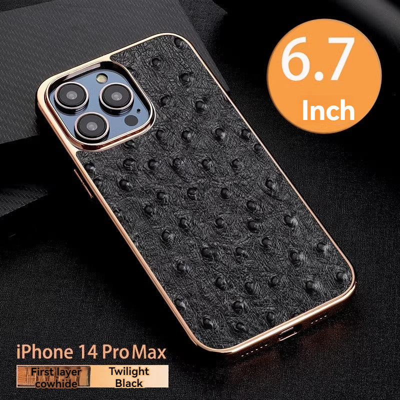 ABD-040503 For Apple 14promax High-End Leather Ostrich Pattern Iphone 13pro Phone Case Limited Collection Head Layer Cowhide 12 Personalized Custom Plating Plus Fashion Business Fall Protection Case