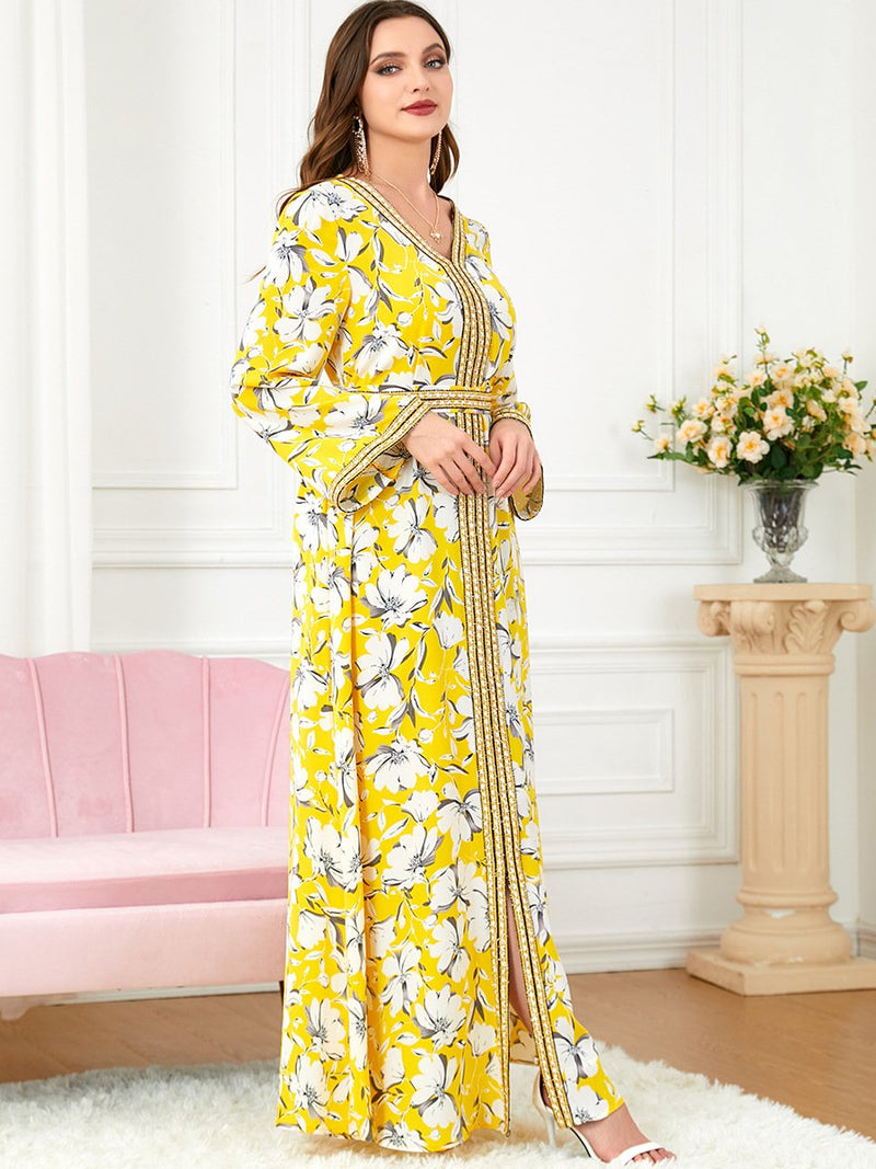 White Flowers Binded Split Design V Neck Long Sleeve Gown