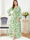 White Flowers Binded Split Design V Neck Long Sleeve Gown