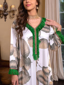 KTX-7982841299160 Leaf Print Feather Lace V Neck Long Sleeve Kaftan