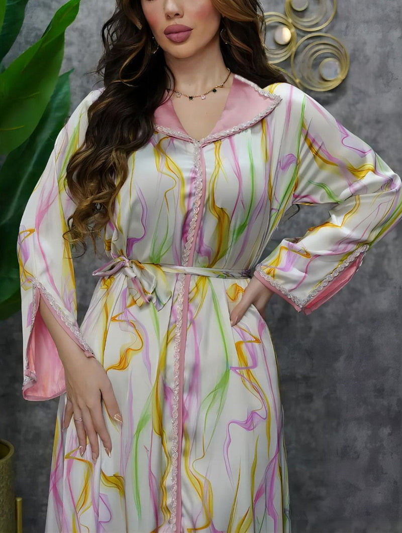 KTX-7982841102552 Fashion Line Pattern Twist Lace Kaftan