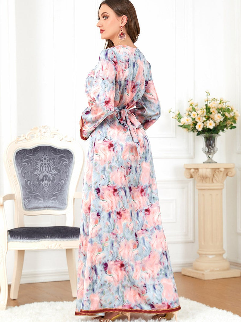 Flowers Printed Bind Design V Neck Long Sleeve Dress