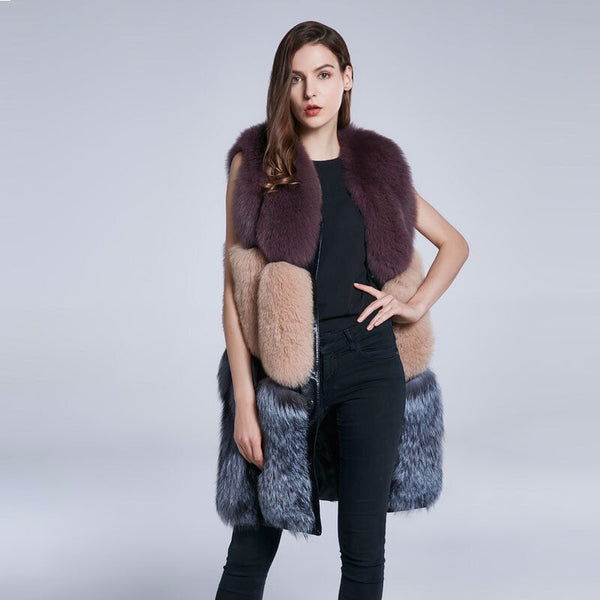 2021 Women's Multi-Color Long Natural Fur Vest - Lavender