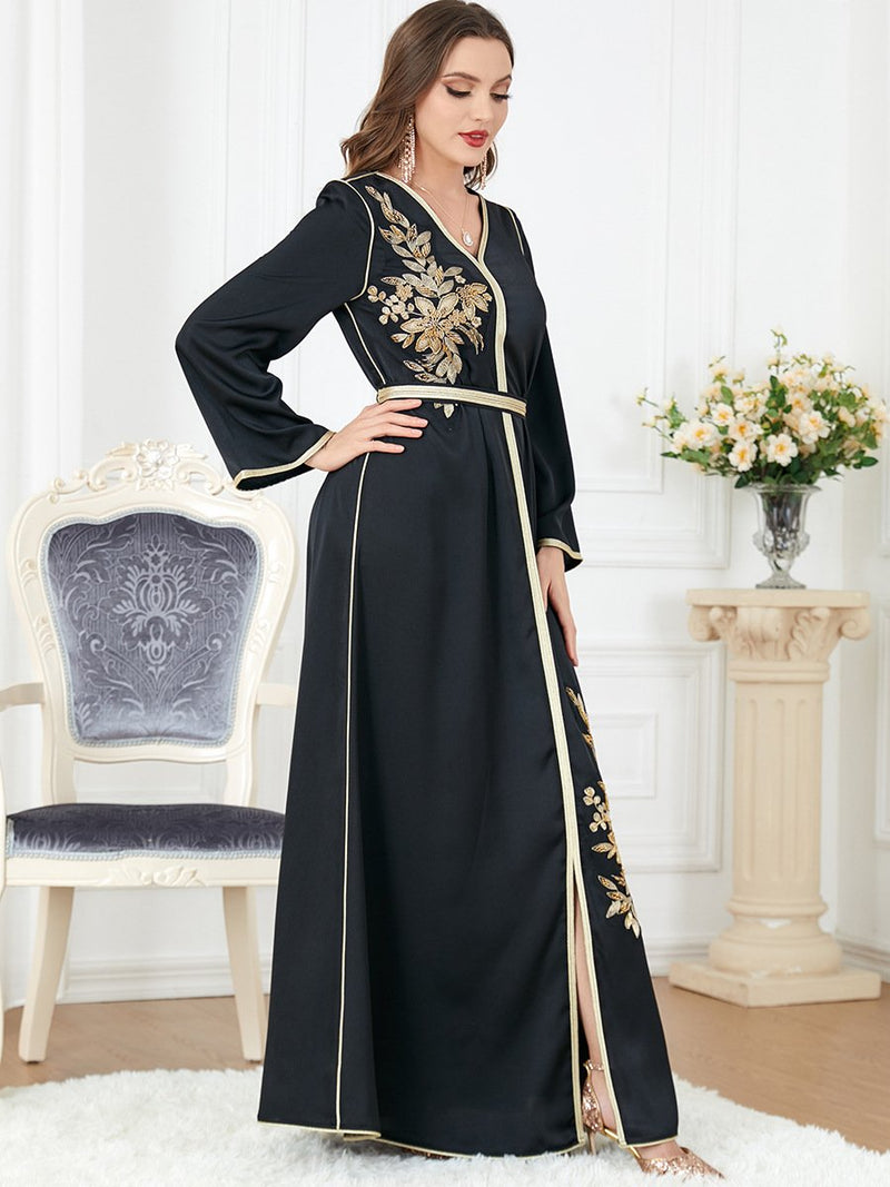 Gold Flowers Bind Design Split Long Sleeve Elegant Gown