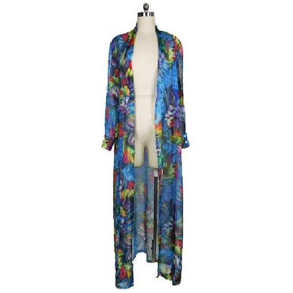 Sexy Women Chiffon Bikini Cover Up Floral Print Bohemia Cardigan Kimono Loose Outerwear Beachwear Green/Blue