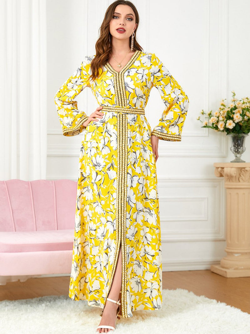 White Flowers Binded Split Design V Neck Long Sleeve Gown