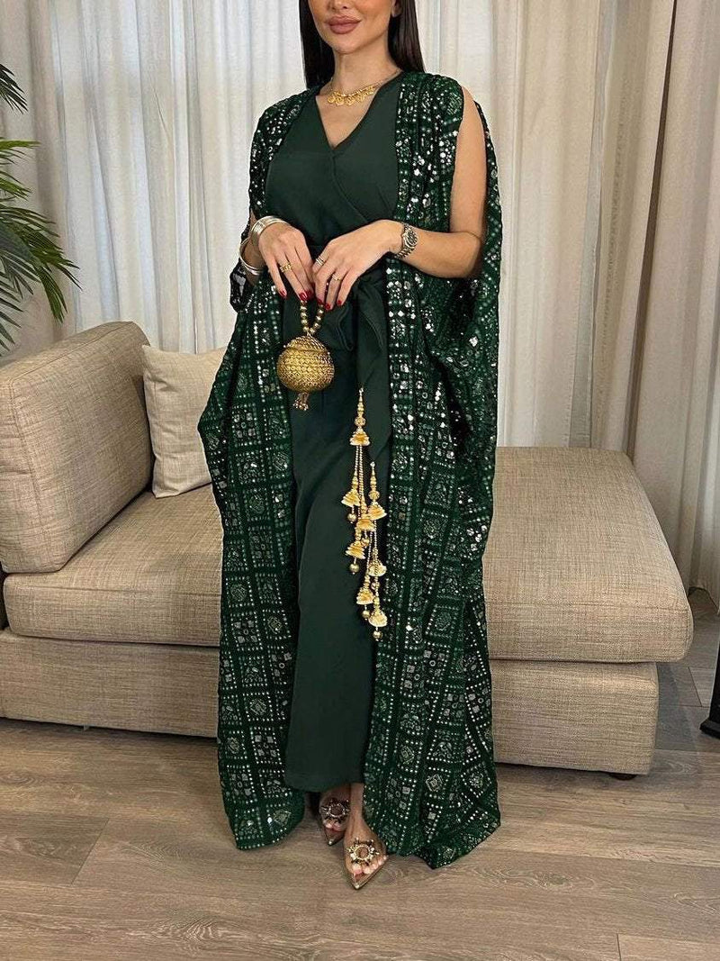 KTX-7981918716120 Green Geometric Embroidery Sequin Jumpsuit and Outwear Two-Piece Set