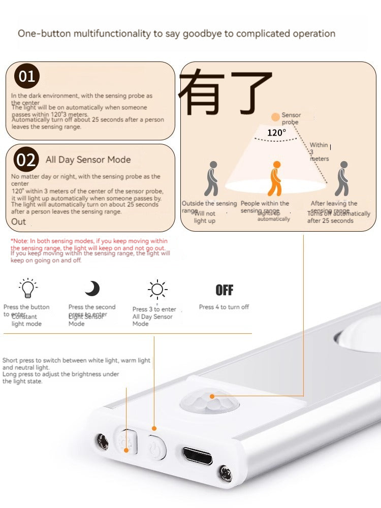 KT-11-16-001 LED، قابل لإعادة الشحن، ضوء مستشعر للجسم مع شريط منحدر، لاسلكي، ذاتي اللصق، خزانة، خزانة، خزانة أحذية، خزانة النبيذ، لا تتطلب أسلاك
