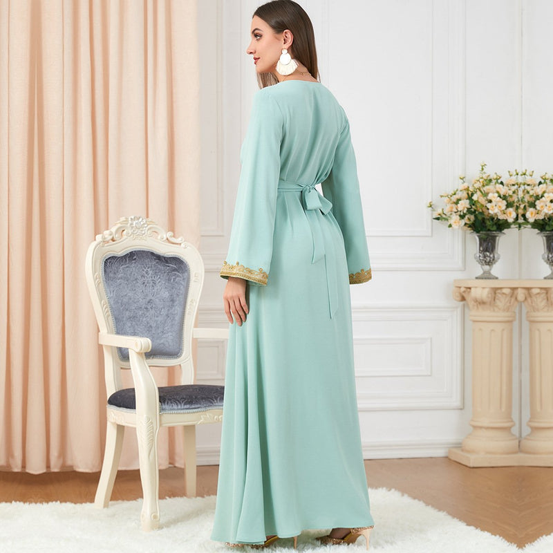 Embroidery Pattern Bind Design V Neck Long Sleeve Green Dress