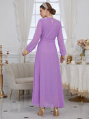 Golden Lace Chiffon Bind Design Round Neck Long Sleeve Elegant Gown