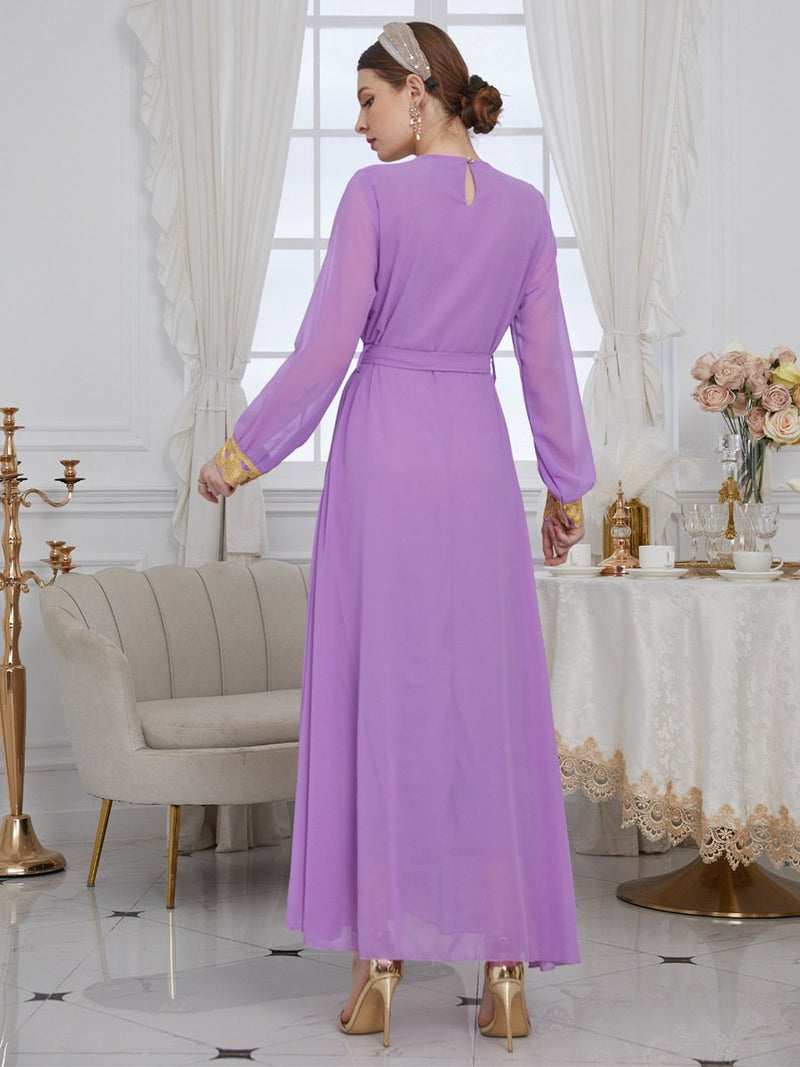 Golden Lace Chiffon Bind Design Round Neck Long Sleeve Elegant Gown