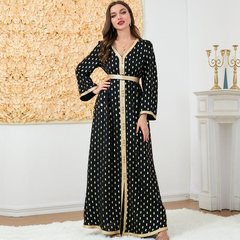 KTX-7982836711640 Golden Print V Neck Long Sleeve Belt Design Dress