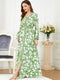 White Flowers Binded Split Design V Neck Long Sleeve Gown