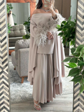 KTX-7982836678872 Off The Shoulder Feather Sleeve Shawl and Pleated Dress