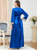 Solid Color Velvet Embroidery Pattern V Neck Long Sleeve Dress