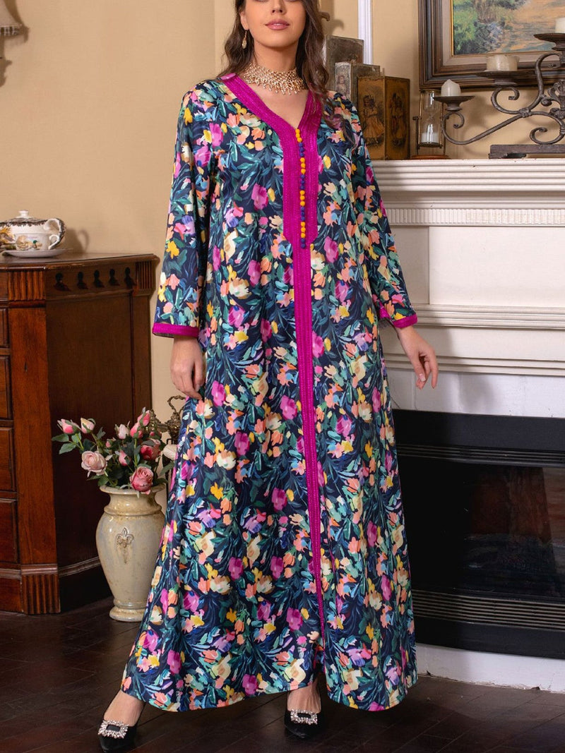 KTX-7982840316120 Floral Pattern Vneck Long Sleeve Kaftan