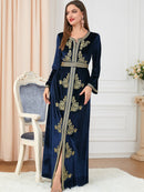 KTX-7982838087896 Blue Velvet V Neck Split Golden Print Long Sleeve Evening Dress