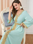 Embroidery Pattern Bind Design V Neck Long Sleeve Green Dress