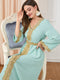 KTX-7982840545496 Embroidery Pattern Bind Design V Neck Long Sleeve Green Dress