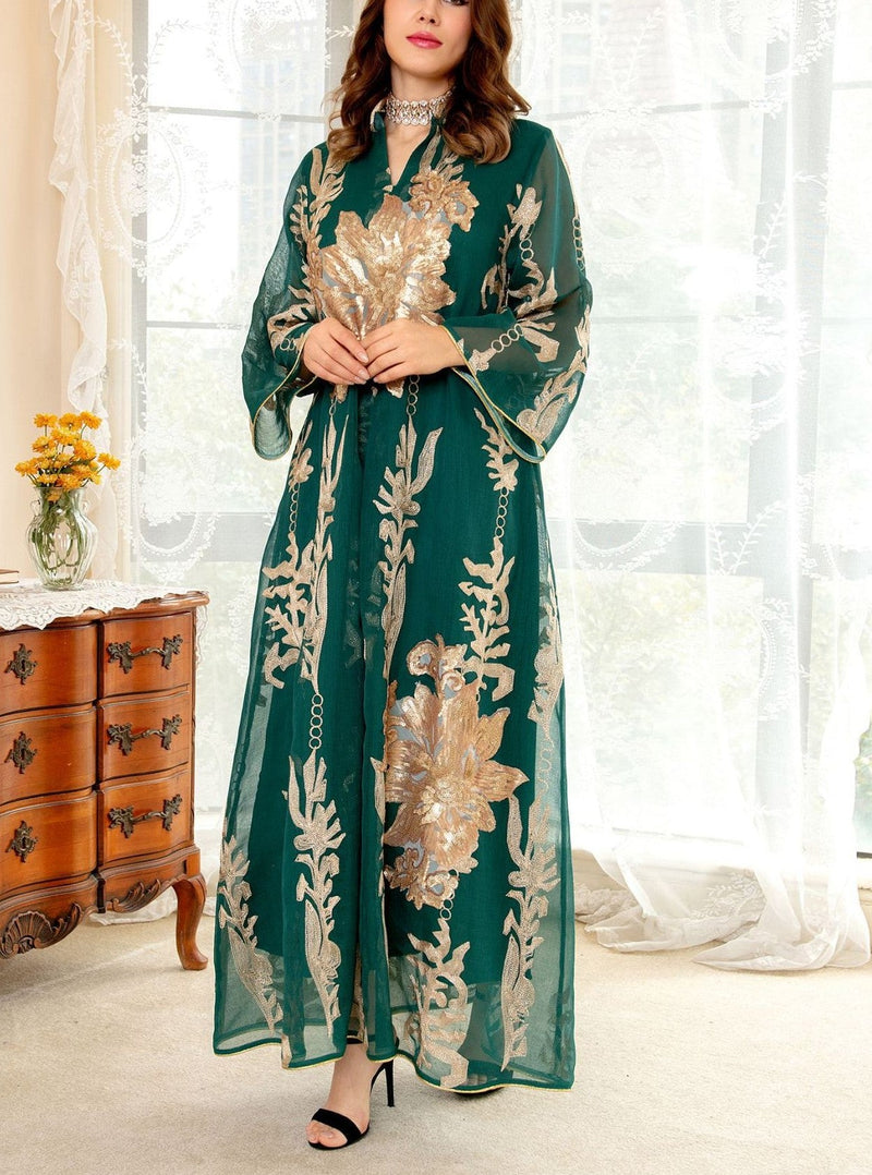 KTX-7982841626840 Gold Beaded Embroidery Long Sleeve Kaftan