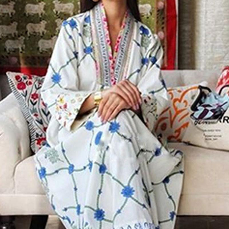 KTX-7981927825624 V neck long sleeve blue printed maxi kaftan dress