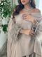 KTX-7982836678872 Off The Shoulder Feather Sleeve Shawl and Pleated Dress