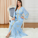 Pleated Chiffon Golden Pattern Split Long Sleeve Dress