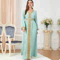 KTX-7982840545496 Embroidery Pattern Bind Design V Neck Long Sleeve Green Dress