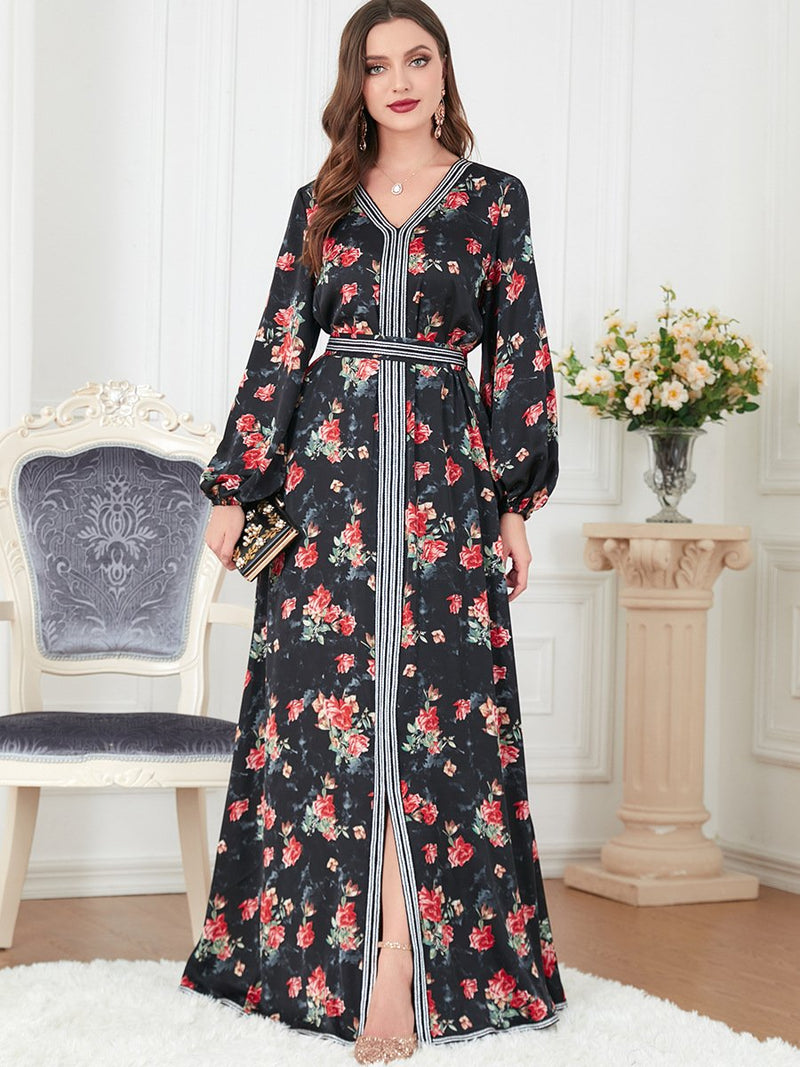 KTX-7982837367000 Rose Pattern Bind Design Long Sleeve V Neck Elegant Gown