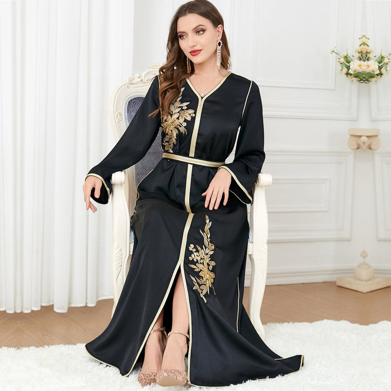 KTX-7982837792984 Gold Flowers Bind Design Split Long Sleeve Elegant Gown