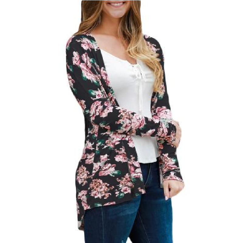 Fashion Women Cardigan Floral Print Long Sleeve All-match Casual Slim Thin Outwear Kimono Black/Grey/White