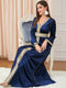 Solid Color Binded Design V Neck Long Sleeve Velvet Blue Dress